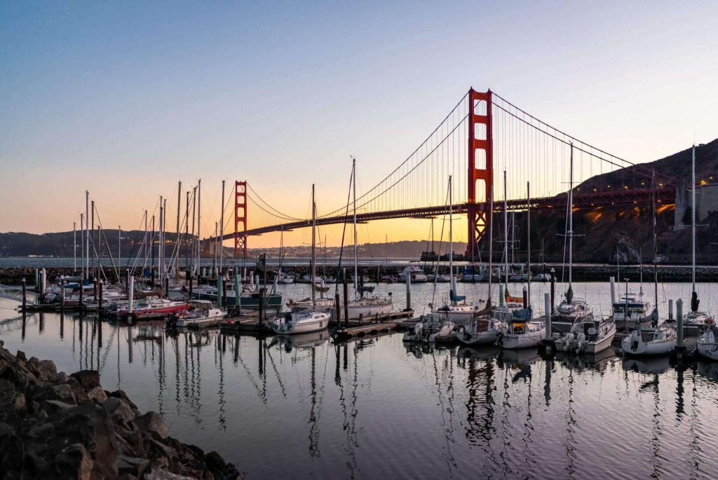 Beautiful sunset views for the Golden Gate Bridge from Sausalito, California 