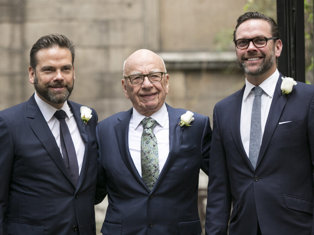 LONDON, ENGLAND - MARCH 05:  Rupert Murdoch arrives at St Bride's Church in London accompanied by his sons James (right) and Lachlan (left) for a ceremony of celebration a day after the media mogul officially married Jerry Hall. on March 5, 2016 in London, England.  (Photo by John Phillips/Getty Images)